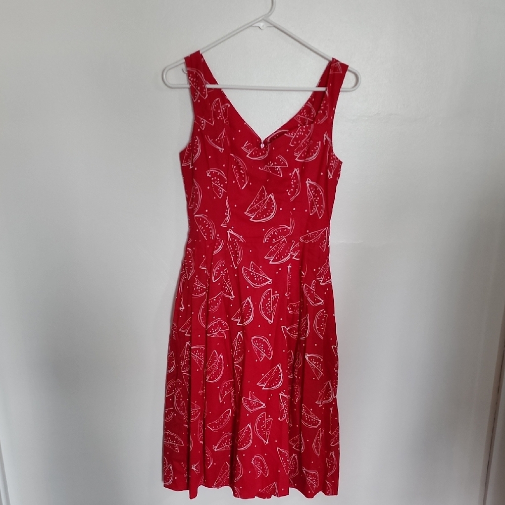 Emily And Fin Red Pleated Midi Dress with V-neck